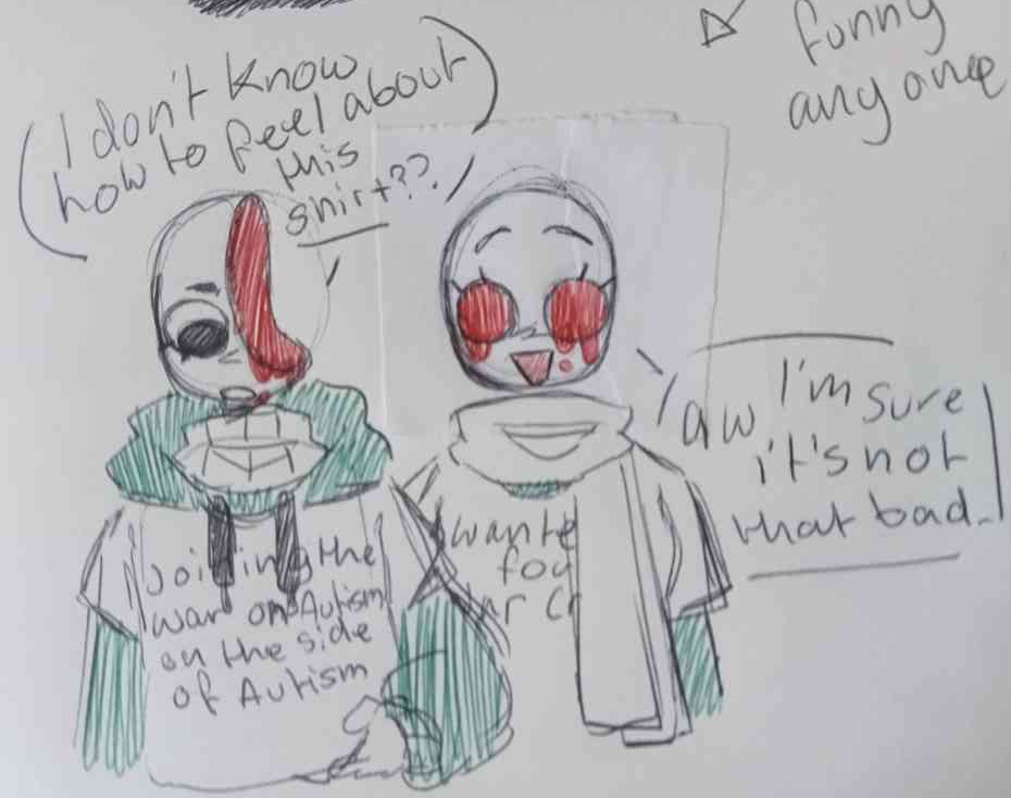 Drawing of Headache and Blinspot wearing silly shirts.